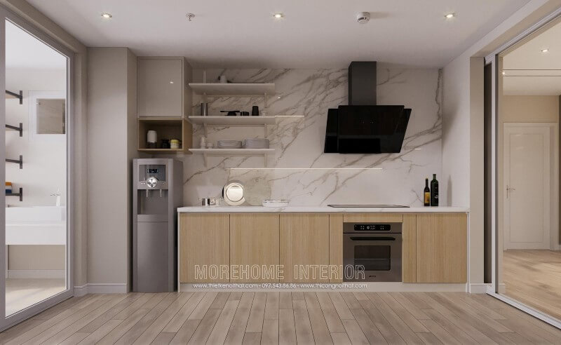Tủ bếp gỗ công nghiệp MDF màu nâu sáng thiết kế nhiều ngăn hỗ trợ lưu chứa đồ đạc cho người nội trợ Tủ bếp gỗ, tủ bếp gỗ tự nhiên, tủ bếp tân cổ điển