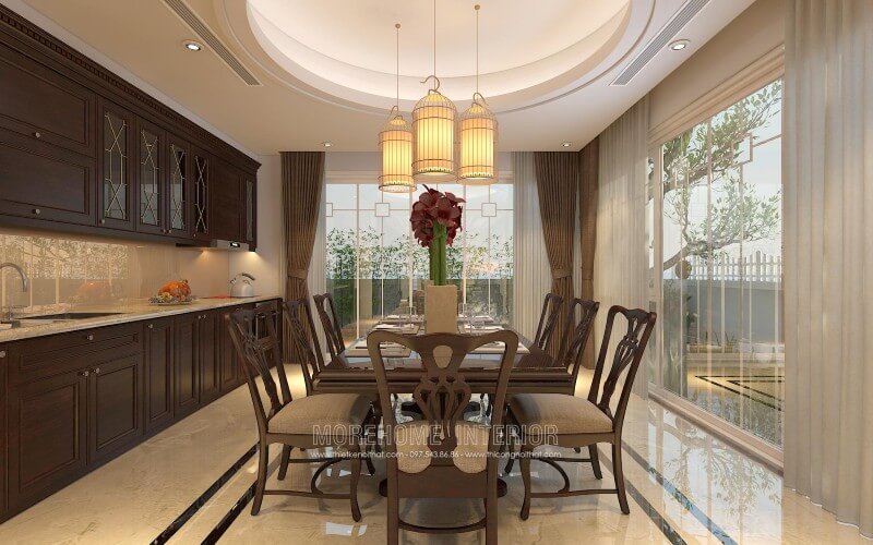 Tủ bếp đẹp được bố trí liền kề với không gian ăn uống tạo cho gia chủ thuận tiện hơn trong quá trinh dùng bữa đầy ấm áp và sang trọng Tủ bếp gỗ, tủ bếp gỗ tự nhiên, tủ bếp tân cổ điển