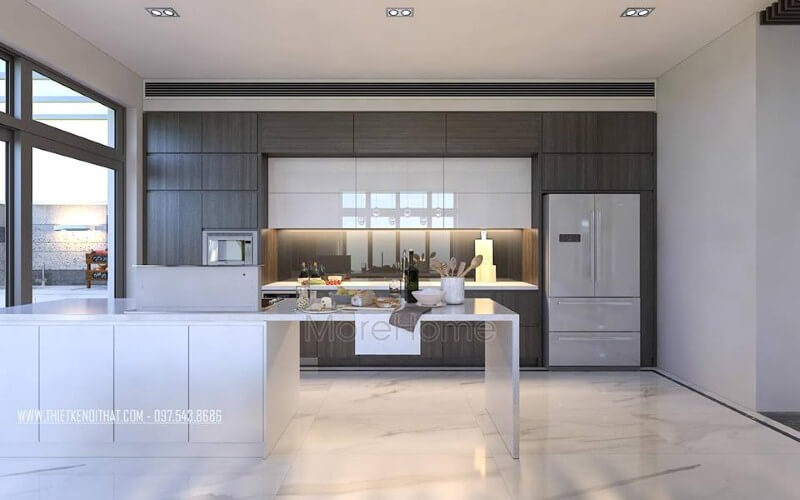 Tủ bếp đẹp, sang trọng từ gỗ công nghiệp An Cường cùng đá ốp nhân tạo cao cấp đã tạo nên vẻ đẹp hiện đại, độc đáo cho phòng bếp. Tủ bếp gỗ, tủ bếp gỗ tự nhiên, tủ bếp tân cổ điển