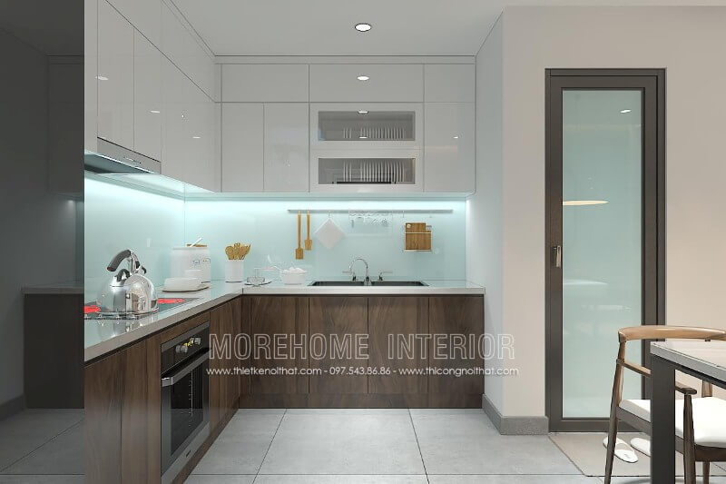 Mẫu tủ bếp hiện đại được kết hợp từ 2 loại chất liệu gỗ acrylic và gỗ MDF dán laminate của An Cường không chỉ mang lại sự sang trọng cho căn bếp, đồng thời đáp ứng được tiêu chí bền và đẹp. Thiết kế và sản xuất tủ bếp đẹp