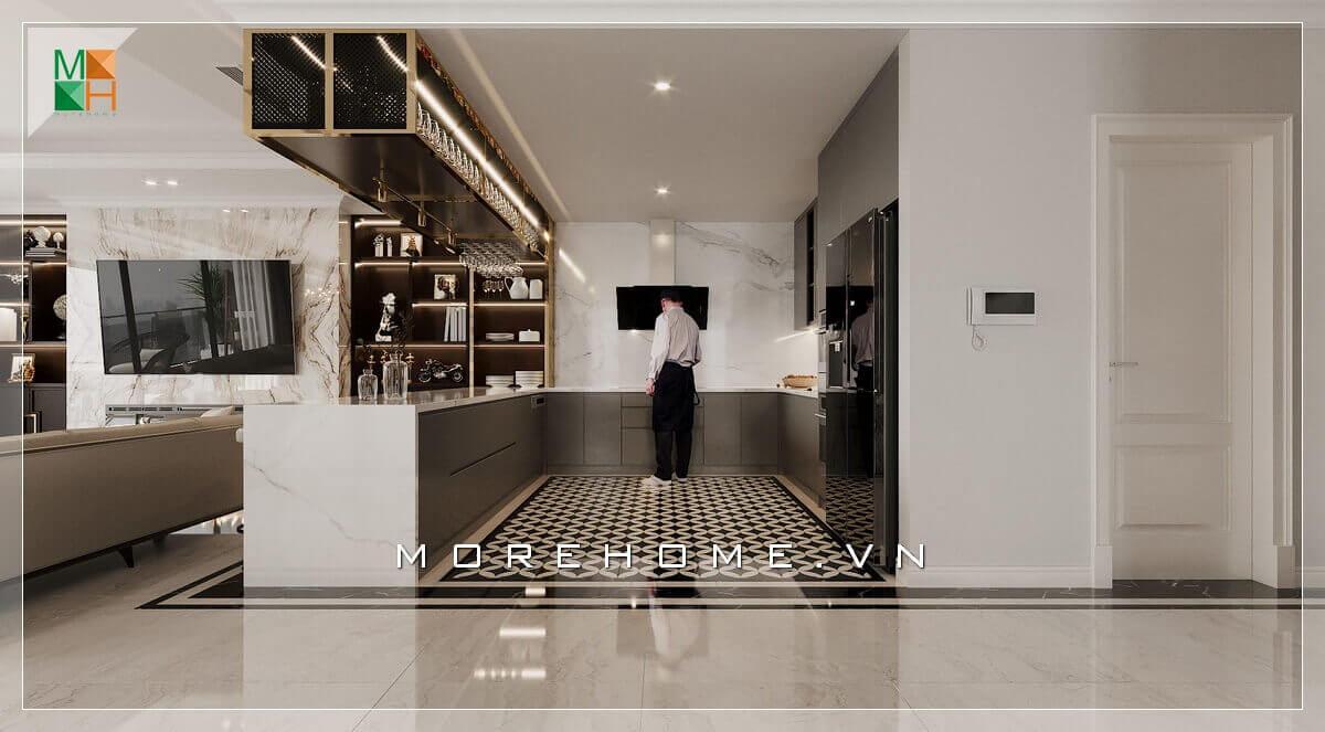 Mẫu tủ kệ gỗ treo đẹp sang trọng, có công dụng để đồ, cốc và ly rất tiện lợi Thiết kế tủ bếp chung cư
