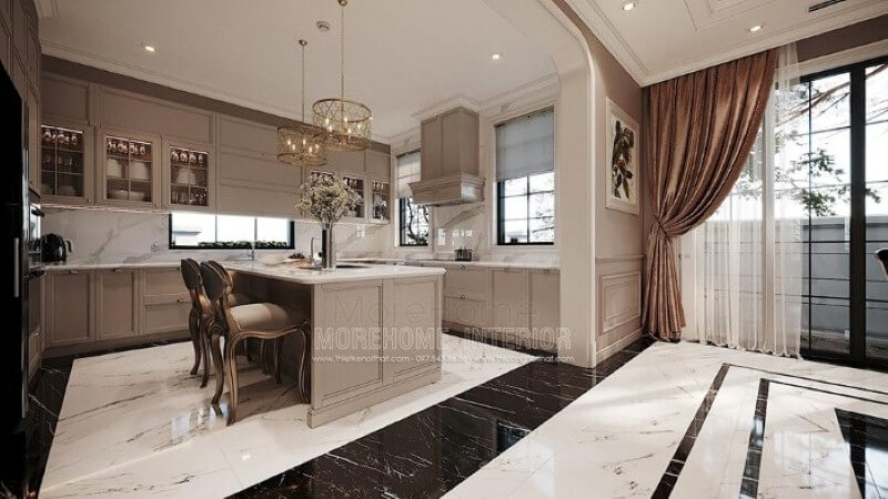 Mẫu tủ đảo bếp gỗ tự nhiên gam màu nâu nhạt kết hợp cùng đá ốp lát tạo nên vẻ đẹp nhẹ nhàng, thanh lịch nhưng không kém phần sang trọng tại biệt thự cao cấp Hải Phòng. Tủ bếp gỗ, tủ bếp gỗ tự nhiên, tủ bếp tân cổ điển
