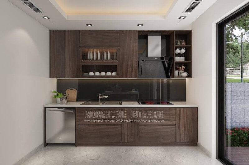 Mẫu tủ bếp gỗ công nghiệp veneer tối màu đẹp, sang trọng cho không gian bếp hiện đại. Thiết kế tủ bếp nhà phố sang trọng