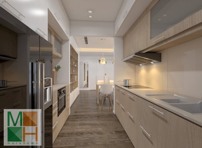 Với diện tích căn bếp nhỏ không còn là nỗi lo nếu chúng ta biết cách bố trí nội thất hợp lí và sử dụng hệ tủ bếp đa chức năng sát tường giúp tiết kiệm diện tích không gian Thiết kế phòng bếp, tủ bếp đẹp