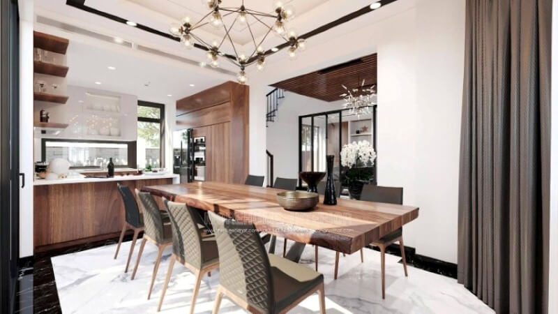 Sẽ là một gợi ý độc đáo với sự hiện hữu tủ bếp gỗ óc chó veneer trầm ấm kết hợp tone màu trắng sáng, long lanh từ tủ bếp trên gỗ công nghiệp acrylic và mặt bàn bếp đá nhân tạo LG. Sự tương phản giữa 2 sắc màu sẽ là ý tưởng tuyệt vời cho thiết kế nội thất phòng bếp hiện đại cho không gian nhà phố, biệt thự. Thiết kế phòng bếp, tủ bếp đẹp