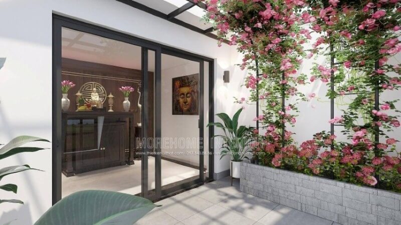 Morehome xin giới thiệu mẫu thiết kế phòng thờ thờ Phật Quan Âm trên đây với tủ thờ bằng gỗ óc chó cao cấp kết hợp cùng tấm gỗ ốp tường với trọng tâm chữ Thọ tạo điểm tinh tế có phía trước hướng ra vườn hoa tuyệt đẹp sẽ là mẫu phòng thờ lý tưởng cho không gian nhà phố, biệt thự. Thiết kế nội thất biệt thự