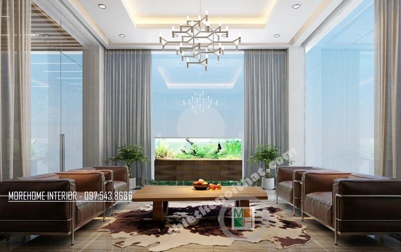 Mẫu thiết kế nội thất phòng khách biệt thự sang trọng với sự xuất hiện của bộ sofa bọc da cao cấp tạo điểm nhấn nổi bật cho căn phòng