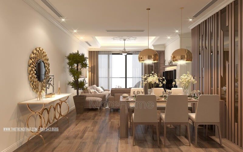 Đối diện bộ bàn ăn thay việc để trống không gian thì KTS trang trí với gương trang trí mạ vàng với thiết kế tinh xảo
