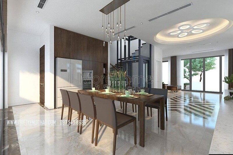 Thiết kế nội thất phòng ăn biệt thự đẹp với sự xuất hiện của bộ bàn ăn 8 ghế tạo điểm nhấn nổi bật cuốn hút
