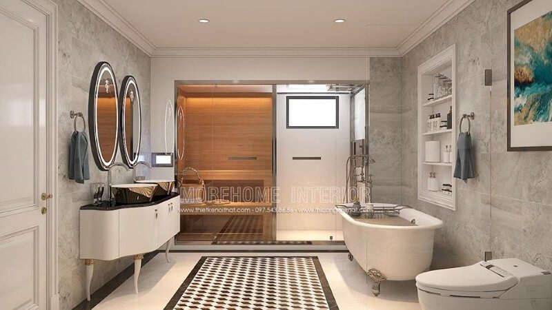 Bố trí phòng tắm đứng kết hợp phòng xông hơi gia đình, bồn tắm đẹp, sang trọng.