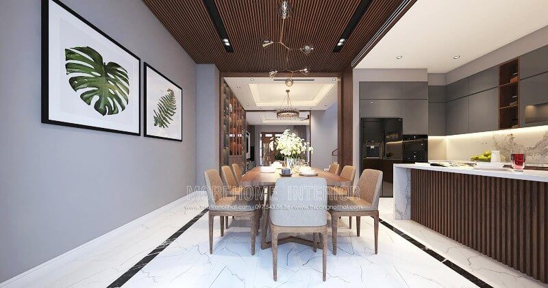 Bố trí nội thất phòng ăn liền bếp hiện đại đẹp sang trọng cho nhà phố, biệt thự tại Vinh, Nghệ An.