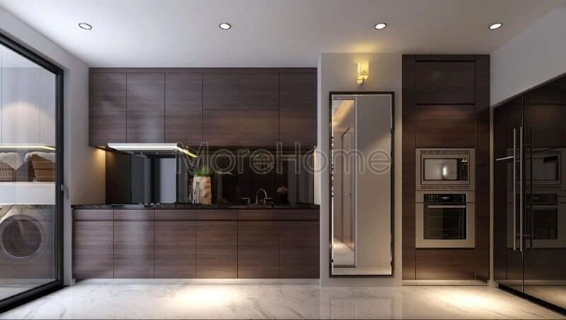 Thiết kế nội thất phòng bếp cho căn hộ hiện đại và tiện lợi bằng gỗ công nghiệp.